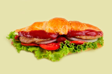 fresh sandwich close up with vegetables and meat fish isolated on yellow background