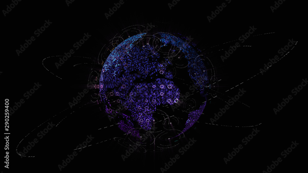 Aufkleber Futuristic global communication via broadband internet connections between cities around the world with matrix particles continent map for head up display background