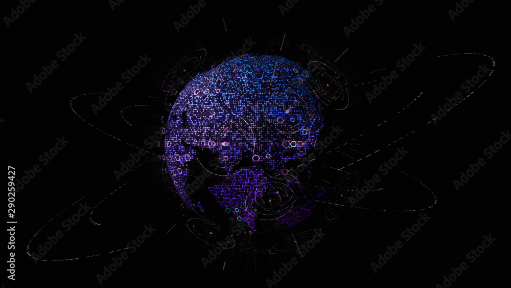 Aufkleber Futuristic global communication via broadband internet connections between cities around the world with matrix particles continent map for head up display background