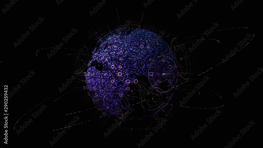 Poster Futuristic global communication via broadband internet connections between cities around the world with matrix particles continent map for head up display background
