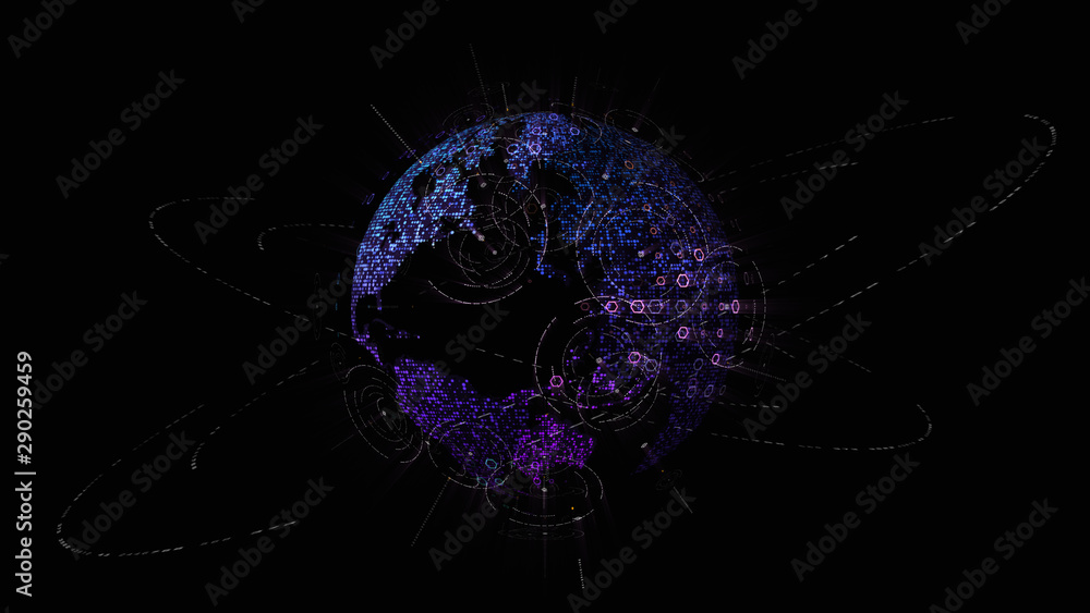 Poster Futuristic global communication via broadband internet connections between cities around the world with matrix particles continent map for head up display background