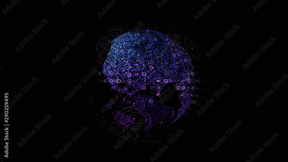 Aufkleber Futuristic global communication via broadband internet connections between cities around the world with matrix particles continent map for head up display background