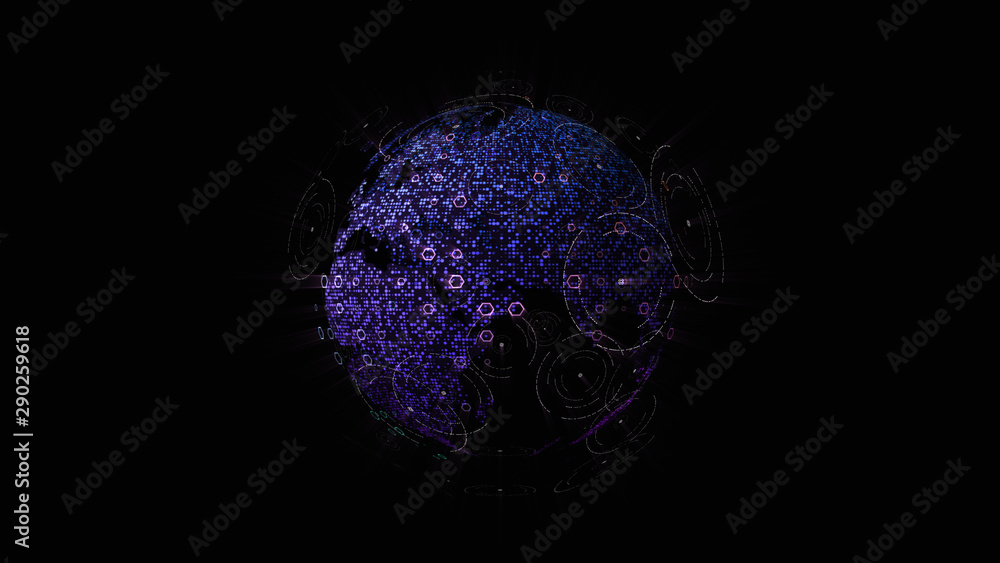 Poster Futuristic global communication via broadband internet connections between cities around the world with matrix particles continent map for head up display background