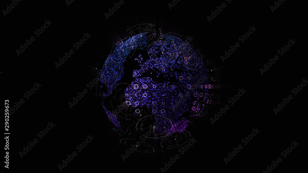 Poster Futuristic global communication via broadband internet connections between cities around the world with matrix particles continent map for head up display background
