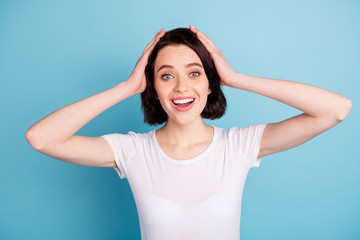 Close-up portrait of her she nice attractive charming cute cheerful cheery glad girl expressing delight isolated over bright vivid shine vibrant blue turquoise color background