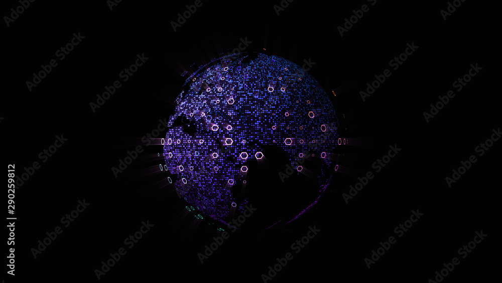 Poster Futuristic global communication via broadband internet connections between cities around the world with matrix particles continent map for head up display background