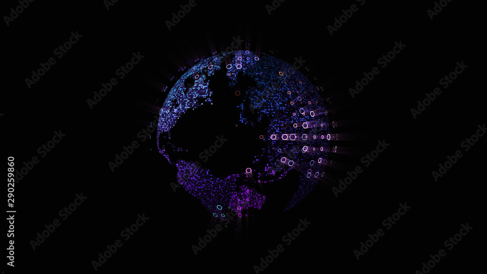 Aufkleber Futuristic global communication via broadband internet connections between cities around the world with matrix particles continent map for head up display background