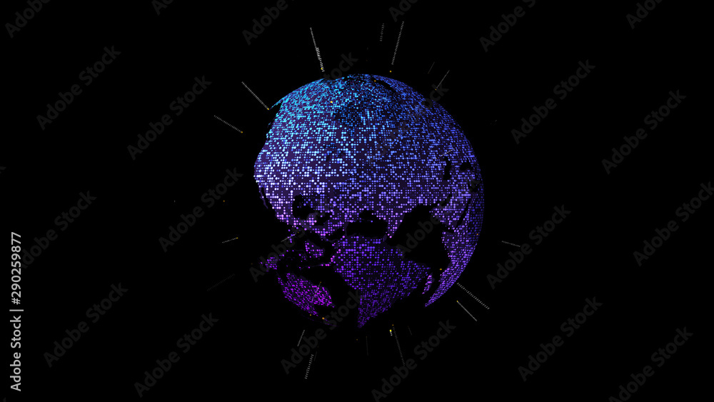 Fototapete Futuristic global communication via broadband internet connections between cities around the world with matrix particles continent map for head up display background