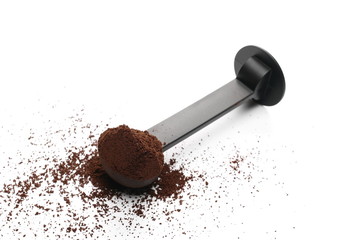 Milled coffee powder for espresso isolated on white background
