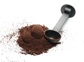 Milled coffee powder for espresso isolated on white background