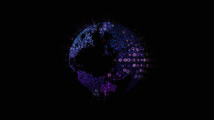 Futuristic global communication via broadband internet connections between cities around the world with matrix particles continent map for head up display background