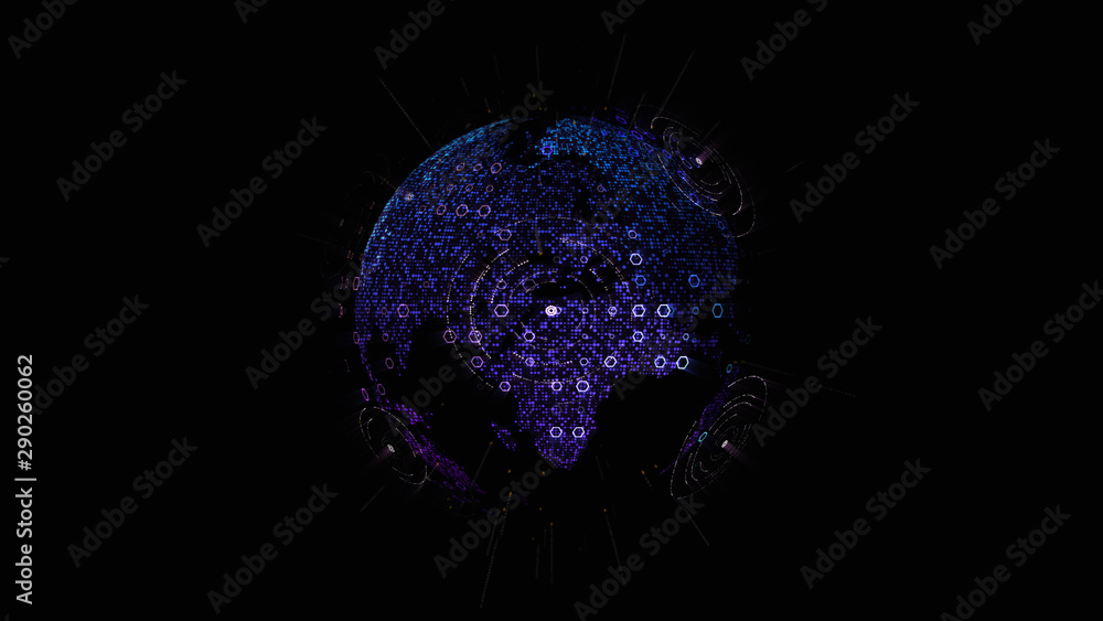 Poster Futuristic global communication via broadband internet connections between cities around the world with matrix particles continent map for head up display background