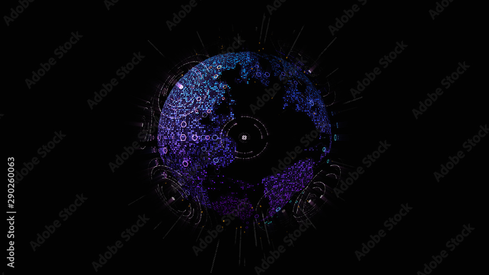 Poster Futuristic global communication via broadband internet connections between cities around the world with matrix particles continent map for head up display background