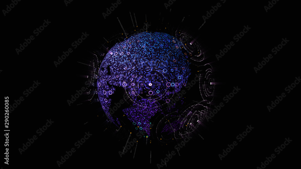 Poster Futuristic global communication via broadband internet connections between cities around the world with matrix particles continent map for head up display background