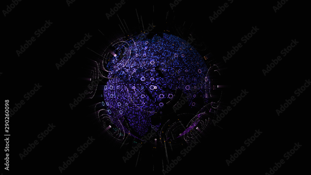 Aufkleber Futuristic global communication via broadband internet connections between cities around the world with matrix particles continent map for head up display background