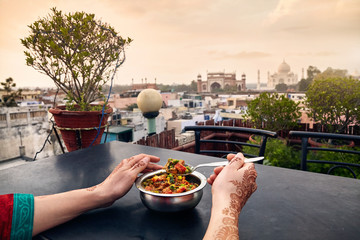 Indian food with Taj Mahal view