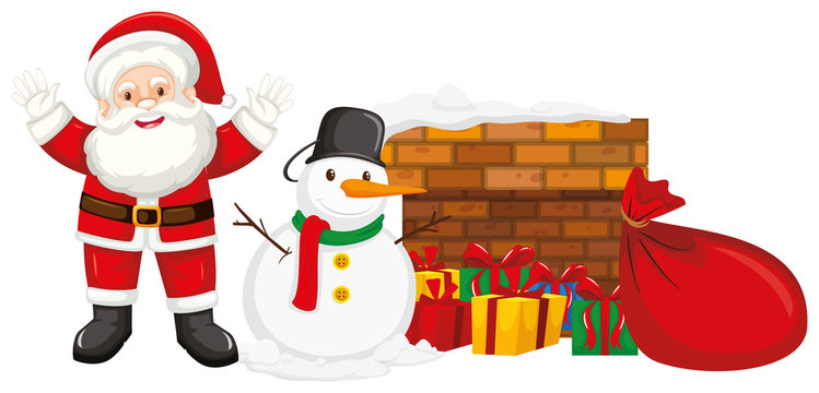 Santa claus and snowman by the chimney