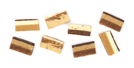 Traditional sweet pastries, cakes pile isolated on white background
