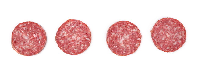 Fermented semi-dry, smoked sausage salami slices set and collection isolated on white background,...