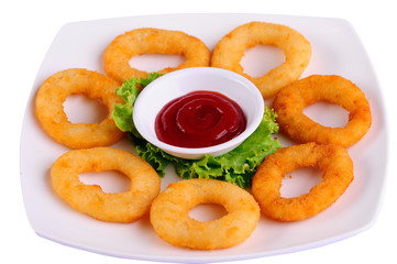 onion rings with ketchup on white background.