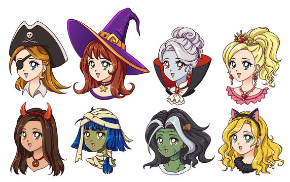 Halloween kawaii set of fantasy characters. Hand drawn vector avatars. Isolated on white background.