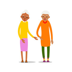Fototapeta premium Two old african women, design for any purposes. Senior couple smiling. Retirement age. Happy attractive lifestyle. Female symbol. Cartoon illustration isolated on white background in flat style