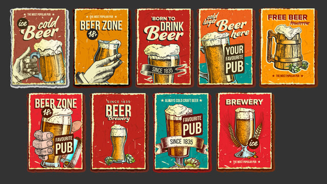 Beer Collection Advertising Poster Set Vector. Wooden And Glass Cups, Green Hops And Spikelets Wheat On Different Commercial Promotional Banner Of Tavern Pub. Advertisement Flat Cartoon Illustrations