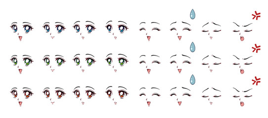 Naklejka premium Set of cartoon anime style expressions. Different eyes, mouth, eyebrows. Three different colors: red, green, blue. Hand drawn vector illustration isolated on white background.