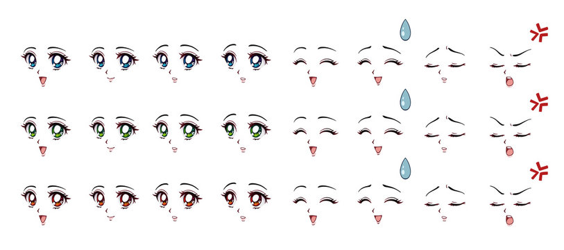 Set of cartoon anime style expressions. Different eyes, mouth, eyebrows.  Three different colors: red, green, blue. Hand drawn vector illustration isolated on white background.