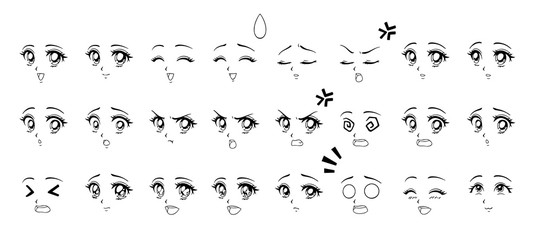 Naklejka premium Set of cartoon anime style expressions. Different eyes, mouth, eyebrows. Contour picture for manga. Hand drawn vector illustration isolated on white background.