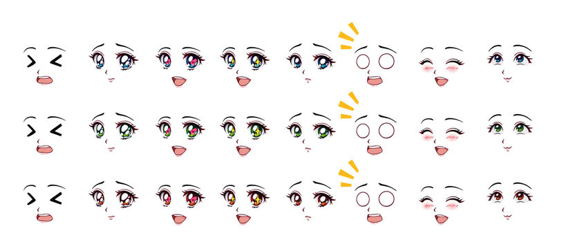 Set of cartoon anime style expressions. Different eyes, mouth, eyebrows.  Three different colors: red, green, blue. Hand drawn vector illustration isolated on white background.