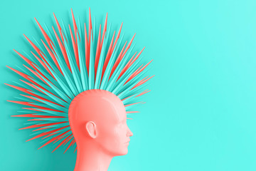 Creative red coral and blue background with three-dimensional head of a young woman in profile with stylized Mohawk hairstyle. 3D illustration
