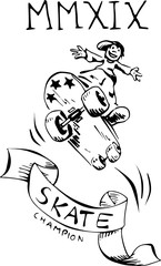 Skater - jumping boy - black and white illustration