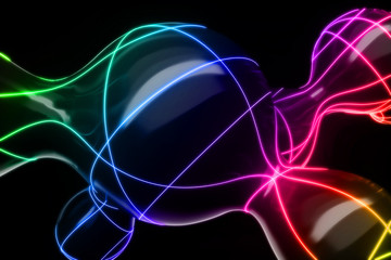 Lots of flying and separating drops on a black background with neon lighting 3D illustration