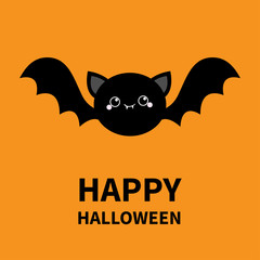 Fototapeta premium Happy Halloween. Black bat flying silhouette icon. Cute cartoon round baby character with big open wing, eyes, ears. Forest animal. Flat design. Orange background. Isolated. Greeting card.