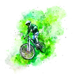 Fototapeta na wymiar Black pencil drawing of a cyclist on a downhill Bicycle on a green background.