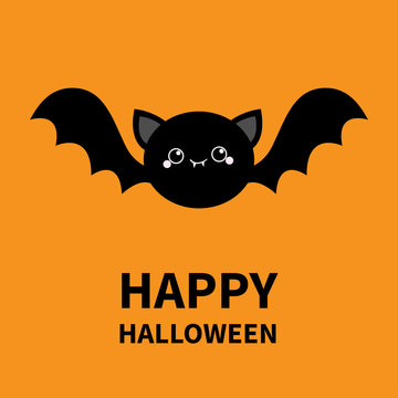 Happy Halloween. Black bat flying silhouette icon. Cute cartoon round baby character with big open wing, eyes, ears. Forest animal. Flat design. Orange background. Isolated. Greeting card.