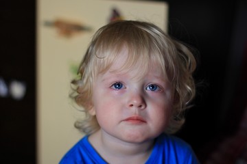 Portrait of a crying boy. Kid with sad expression. Emotions on the face of baby.