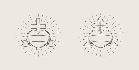 Vector illustration of a heart with a cross and a banner in the rays. Illustration on a religious theme. Christianity.