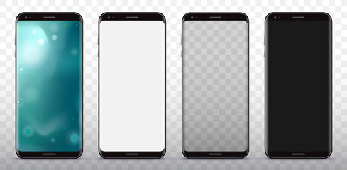 Black Smart Phones With Abstract Wallpaper, White, Transparent and Blank Screen Vector Illustration