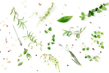 Culinary herbs and spices, shot from the top on a white background, cooking pattern - obrazy, fototapety, plakaty
