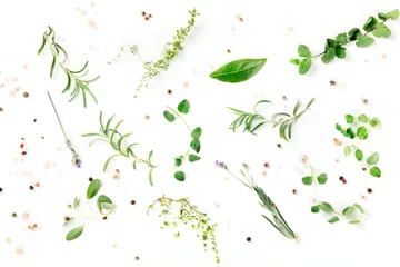Foto op Aluminium Culinary herbs and spices, shot from the top on a white background, cooking pattern © laplateresca