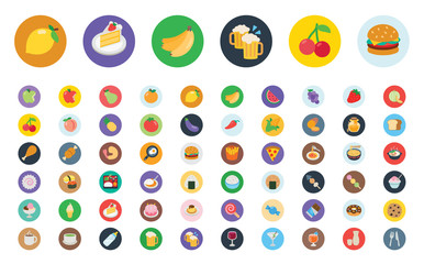 Food and Beverages Vector Illustration Icons Set. Fruits, vegetables, fast foods, cakes, restaurant, cafe vector illustration flat icons, symbols, emoticons, emojis, stickers set, collection - Vector