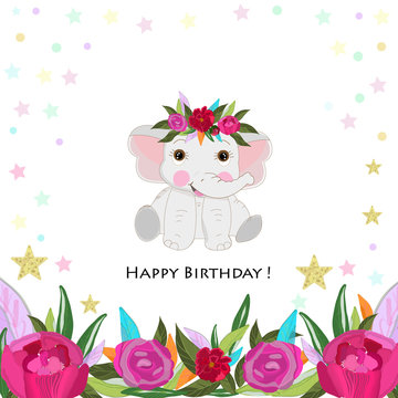 Cute elephant with colorful roses. Birthday party card. Baby shower greeting card
