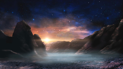Sci-fi magical landscape with rock valey, star and sun. Digital painting illustration. Element furnished by NASA