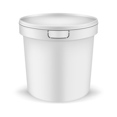 White plastic bucket with lid, realistic vector mockup. Blank packaging pail container, template