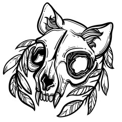 Cat skull. A wreath of leaves. Vector illustration in tattoo style.Gothic brutal skull. For print t-shirts or book coloring.