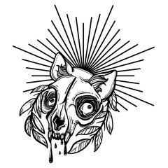 Cat skull. A wreath of leaves. Vector illustration in tattoo style.Gothic brutal skull. For print t-shirts or book coloring.