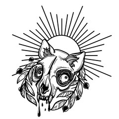 Obraz premium Cat skull. A wreath of leaves. Vector illustration in tattoo style.Gothic brutal skull. For print t-shirts or book coloring.