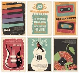 Vintage collection of musical posters. Flyers set for retro parties, rock and jazz concerts, classical guitar events and other music festivals. Retro vector illustration.